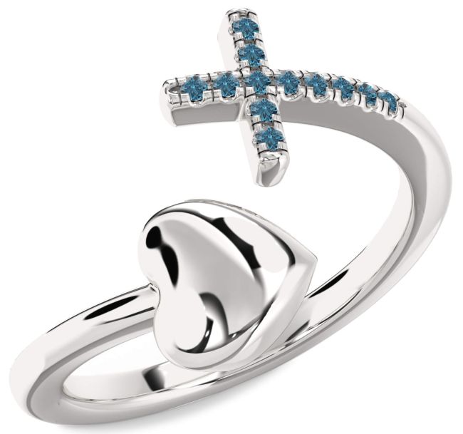 Blue Diamond Silver Heart Cross Ring