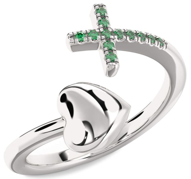 Emerald Silver Heart Cross Ring