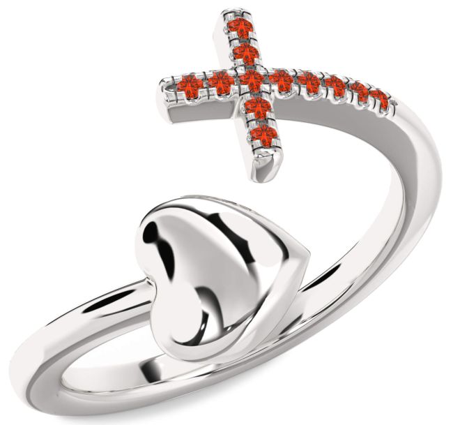 Fire Opal Silver Heart Cross Ring