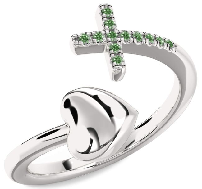 Green Diamond Silver Heart Cross Ring