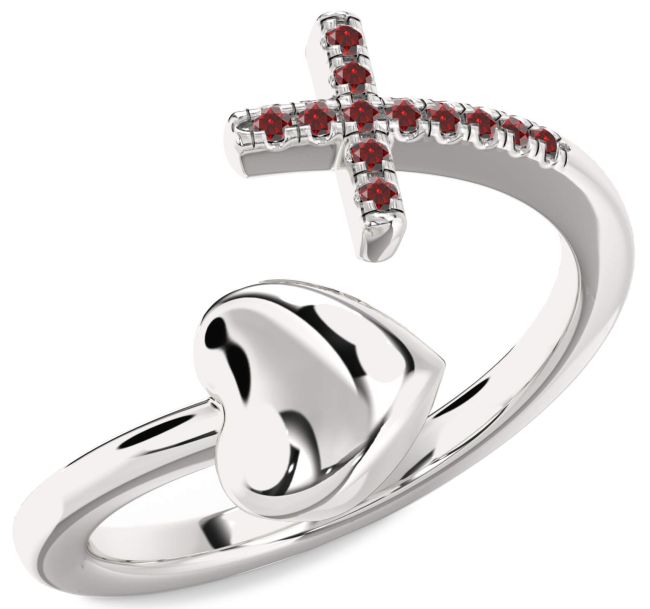 Garnet Silver Heart Cross Ring