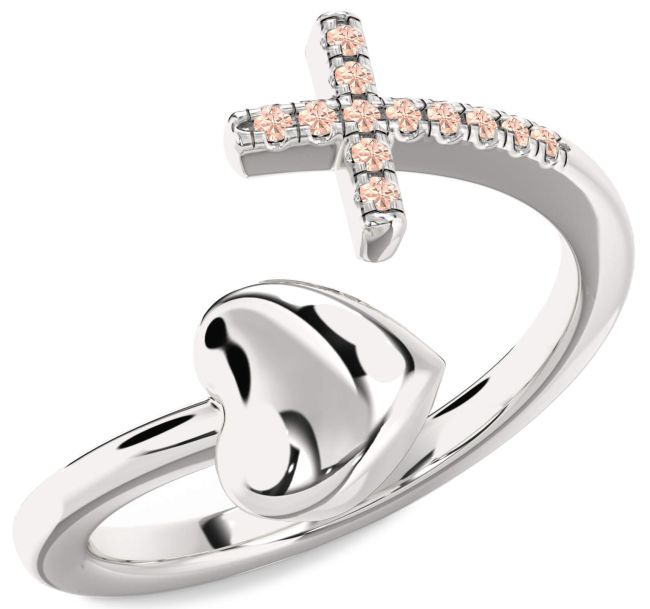 Morganite Silver Heart Cross Ring