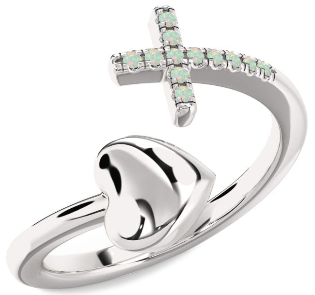 Opal Silver Heart Cross Ring