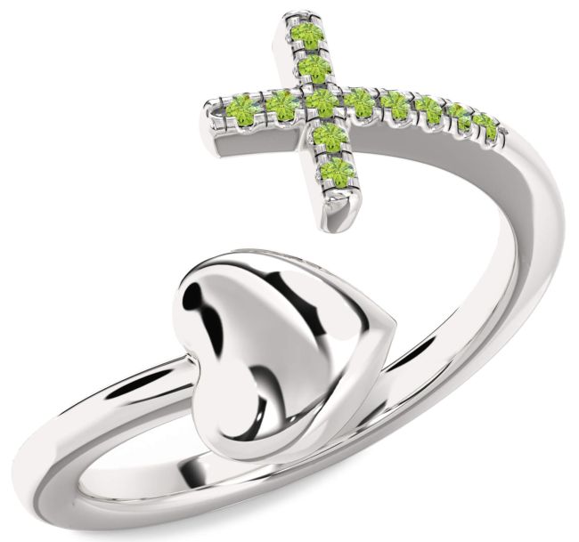 Peridot Silver Heart Cross Ring
