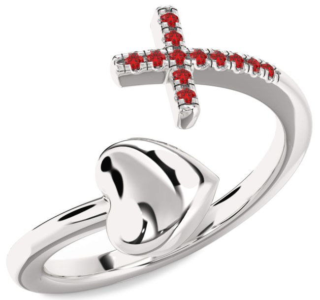 Ruby Silver Heart Cross Ring