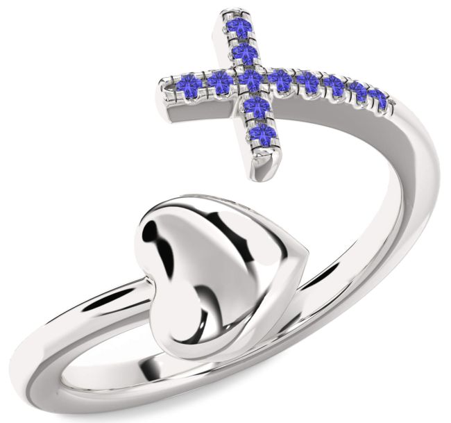 Tanzanite Silver Heart Cross Ring