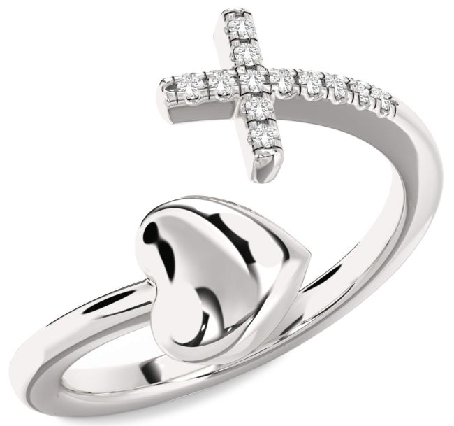 White Sapphire Silver Heart Cross Ring