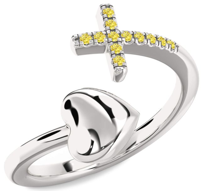 Yellow Diamond Silver Heart Cross Ring