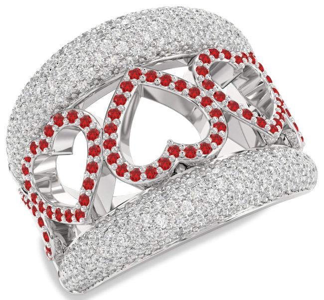 Diamond Ruby Silver Heart Ring