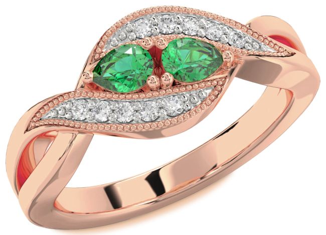 Diamond Emerald Rose Gold Pear Two Stone Birthstone Ring