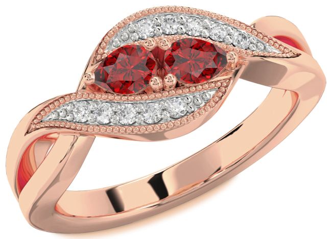 Diamond Ruby Rose Gold Pear Two Stone Birthstone Ring