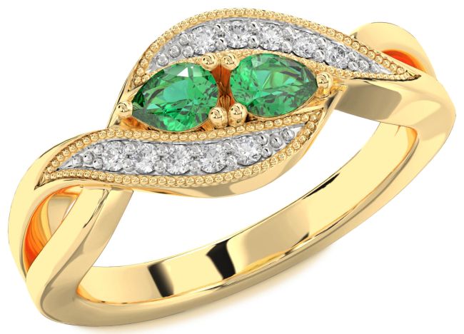 Diamond Emerald Gold Pear Two Stone Birthstone Ring