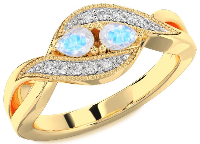 Diamond Moonstone Gold Silver Pear Two Stone Ring