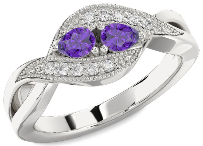 Diamond Amethyst Silver Pear Two Stone Birthstone Ring