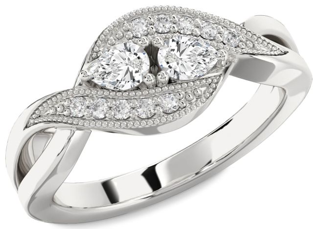 Diamond Silver Pear Two Stone Ring