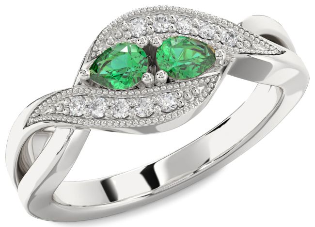 Diamond Emerald Silver Pear Two Stone Birthstone Ring