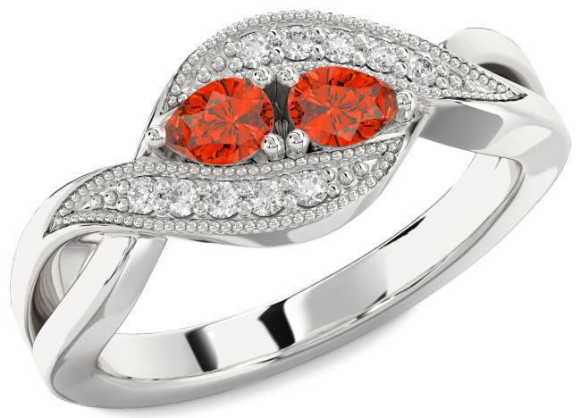 Diamond Fire Opal Platinum Pear Two Stone Ring