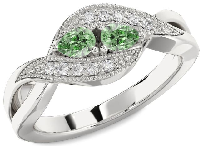 Green Diamond Platinum Pear Two Stone Ring