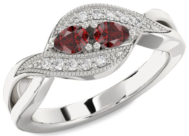 Diamond Garnet Silver Pear Two Stone Birthstone Ring