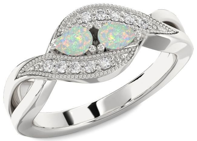 Diamond Opal Silver Pear Two Stone Birthstone Ring