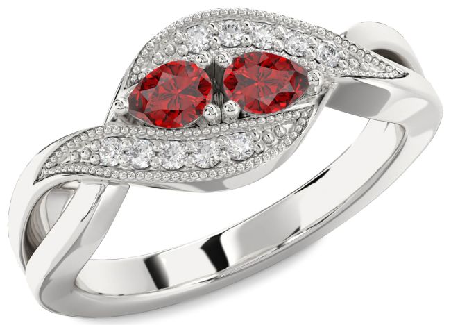 Diamond Ruby Silver Pear Two Stone Birthstone Ring