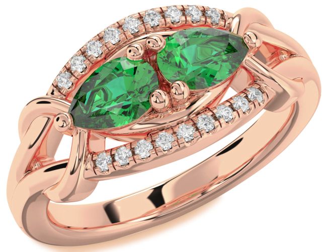 Diamond Emerald Rose Gold Pear Two Stone Birthstone Ring