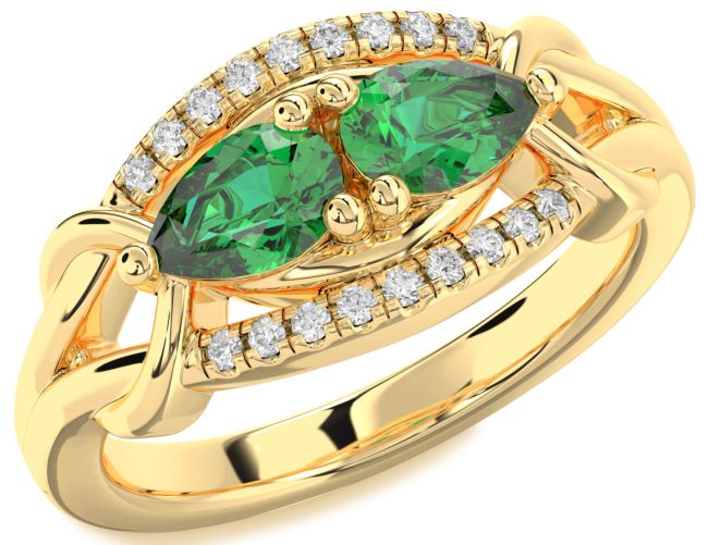 Diamond Emerald Gold Silver Pear Two Stone Birthstone Ring