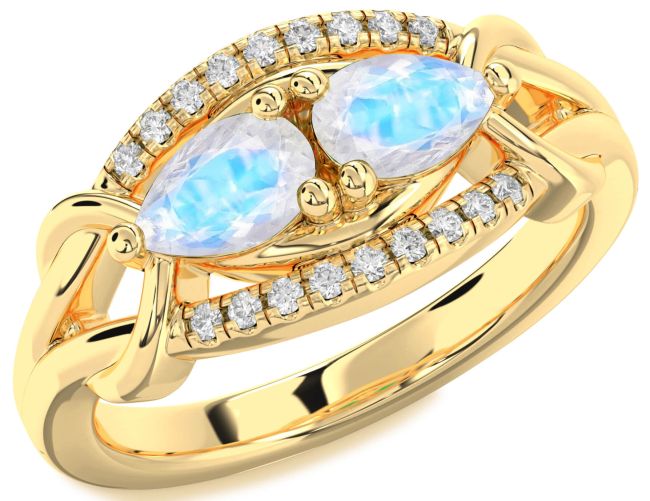 Diamond Moonstone Gold Silver Pear Two Stone Ring