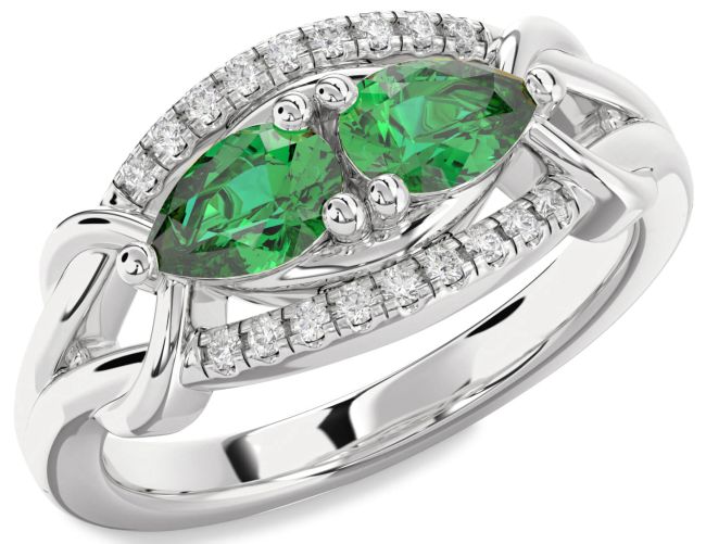 Diamond Emerald Silver Pear Two Stone Birthstone Ring