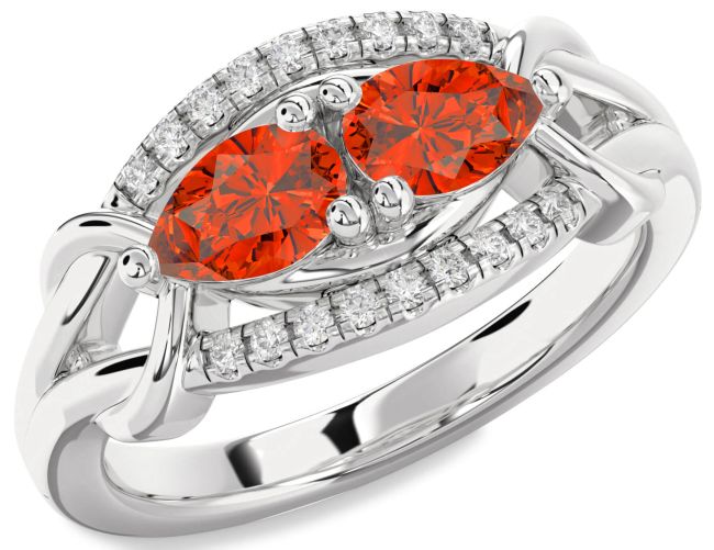Diamond Fire Opal Platinum Pear Two Stone Ring
