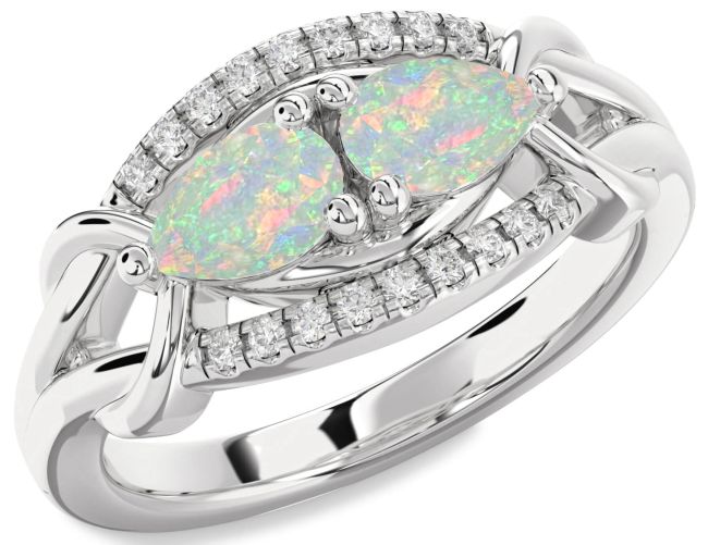Diamond Opal Silver Pear Two Stone Birthstone Ring
