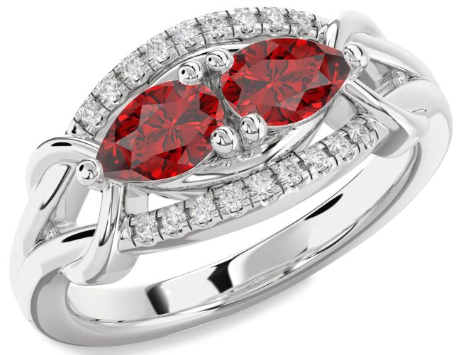 Diamond Ruby Silver Pear Two Stone Birthstone Ring