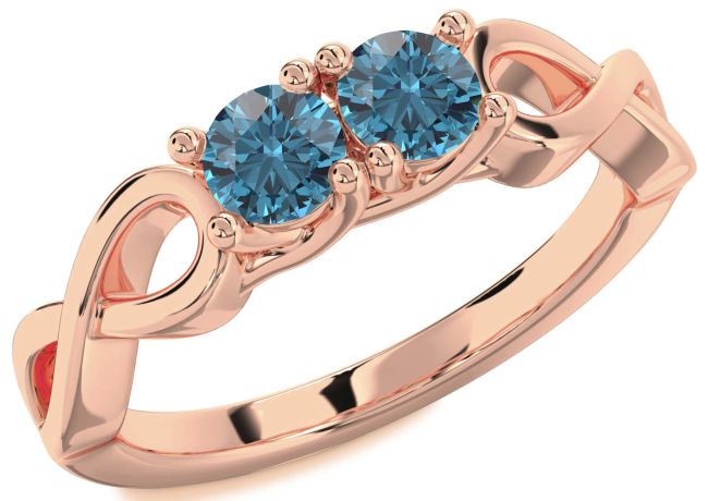 Blue Diamond Rose Gold Silver Infinity Round Two Stone Ring