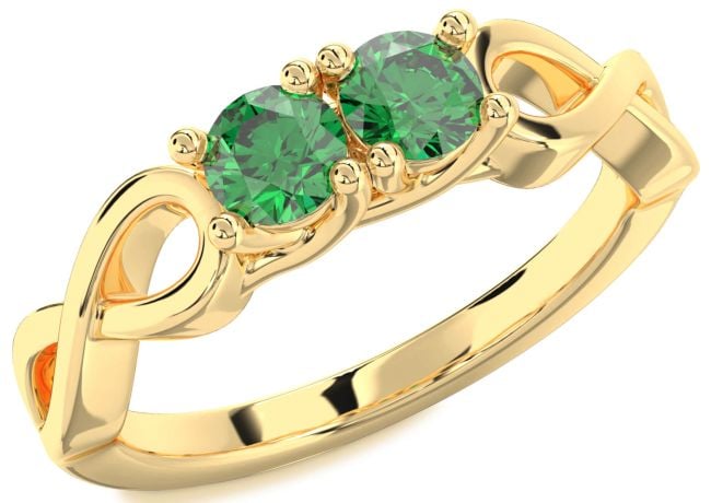 Emerald Gold Silver Infinity Round Two Stone Birthstone Ring