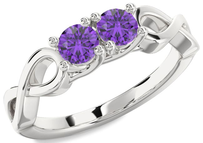 Amethyst Silver Infinity Round Two Stone Birthstone Ring