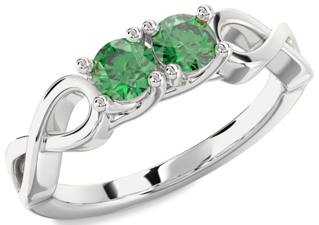 Emerald Silver Infinity Round Two Stone Birthstone Ring
