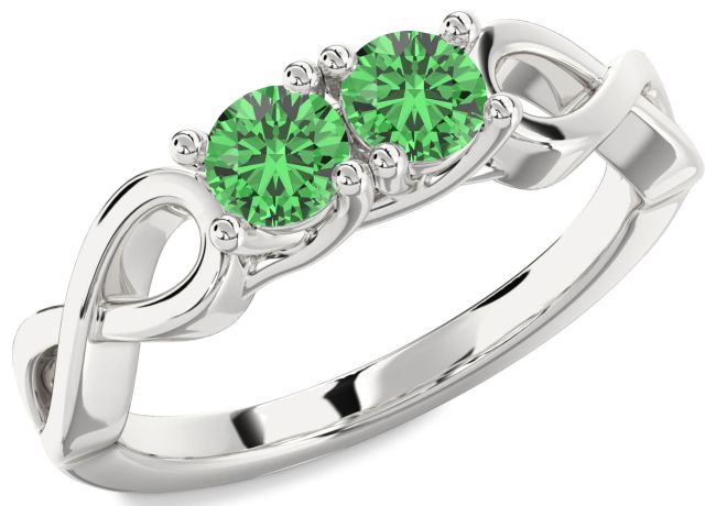 Green Sapphire Silver Infinity Round Two Stone Ring