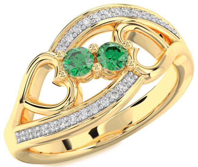 Diamond Emerald Gold Heart Two Stone Birthstone Ring
