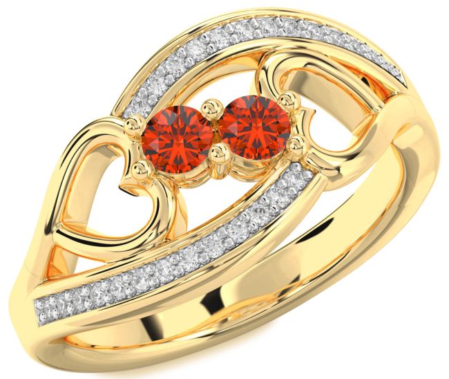 Diamond Fire Opal Gold Heart Two Stone Ring