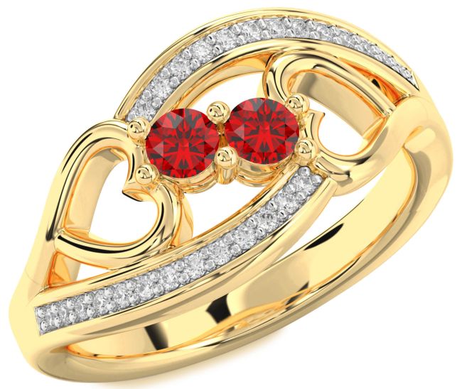 Diamond Ruby Gold Heart Two Stone Birthstone Ring