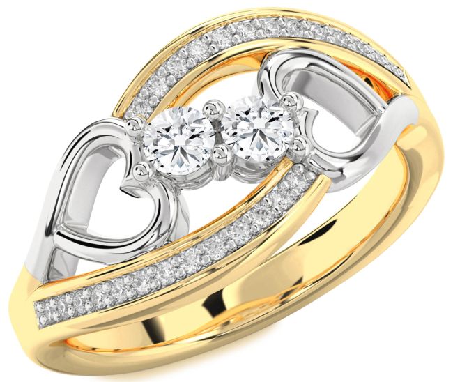 Diamond White Yellow Gold Heart Two Stone Ring