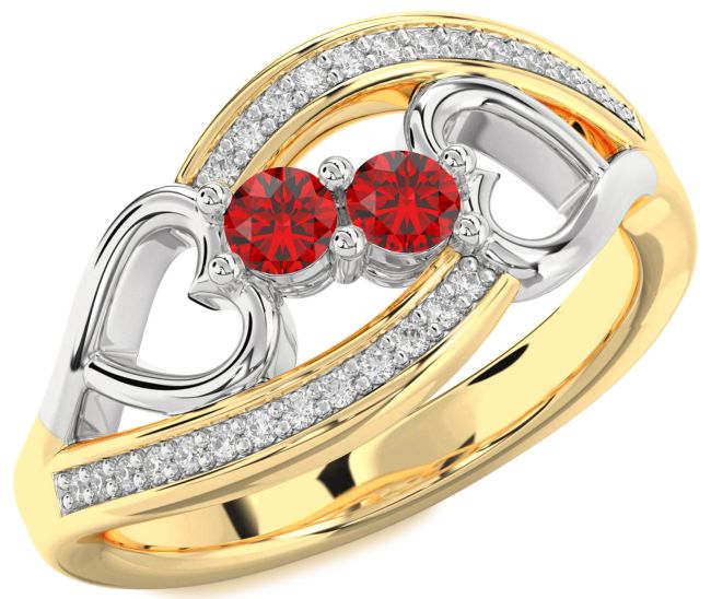 Diamond Ruby Gold Silver Heart Two Stone Birthstone Ring
