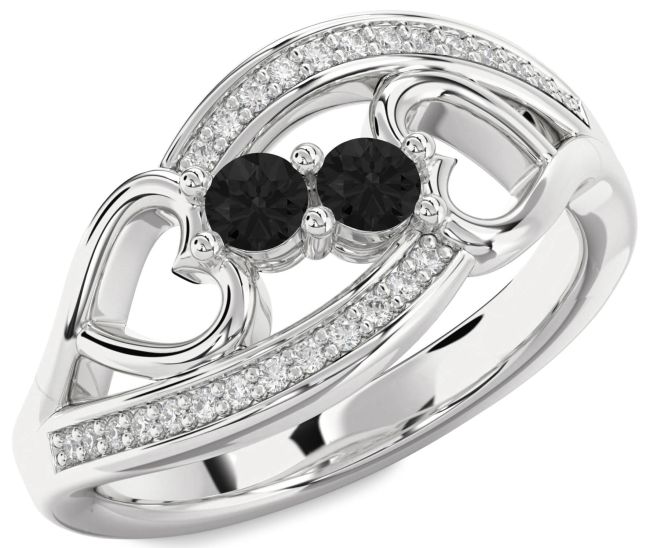 Black Diamond Platinum Heart Two Stone Ring
