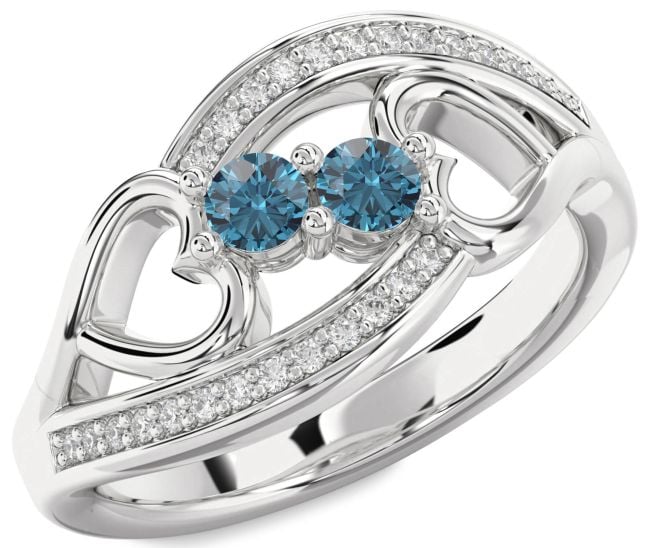Blue Diamond Platinum Heart Two Stone Ring