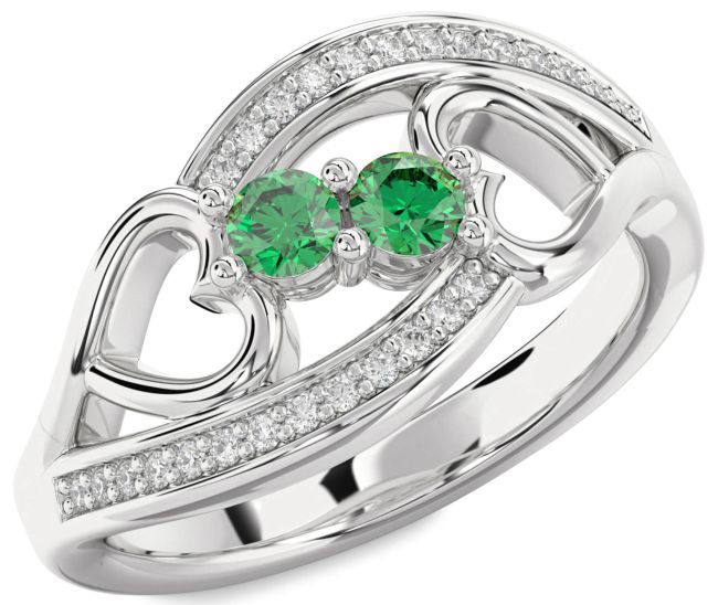 Diamond Emerald Silver Heart Two Stone Birthstone Ring