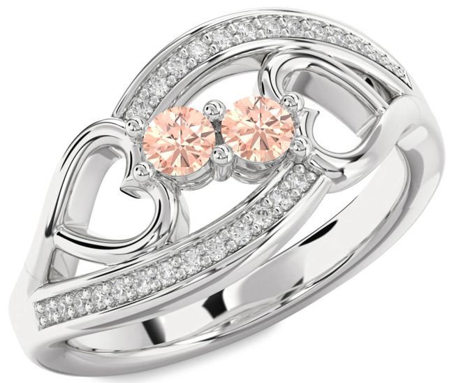 Diamond Morganite Silver Heart Two Stone Ring