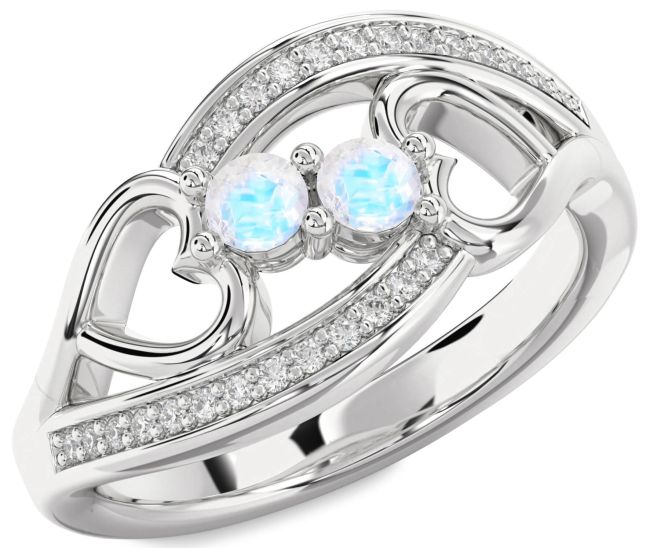 Diamond Moonstone Silver Heart Two Stone Ring