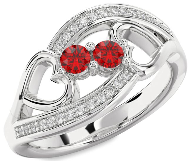 Diamond Ruby Silver Heart Two Stone Birthstone Ring