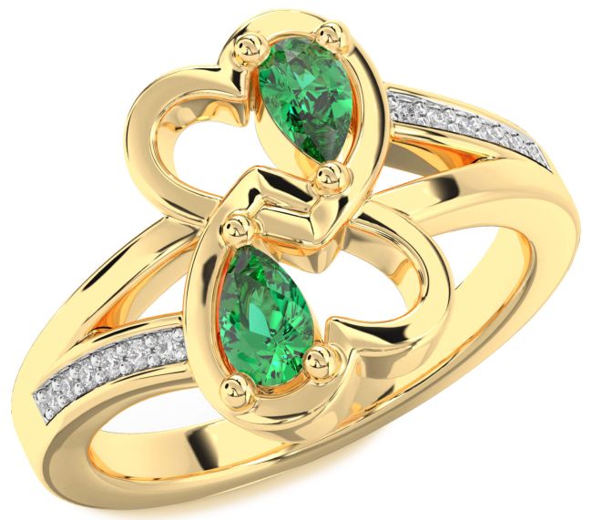 Diamond Emerald Gold Silver Heart Two Stone Birthstone Ring