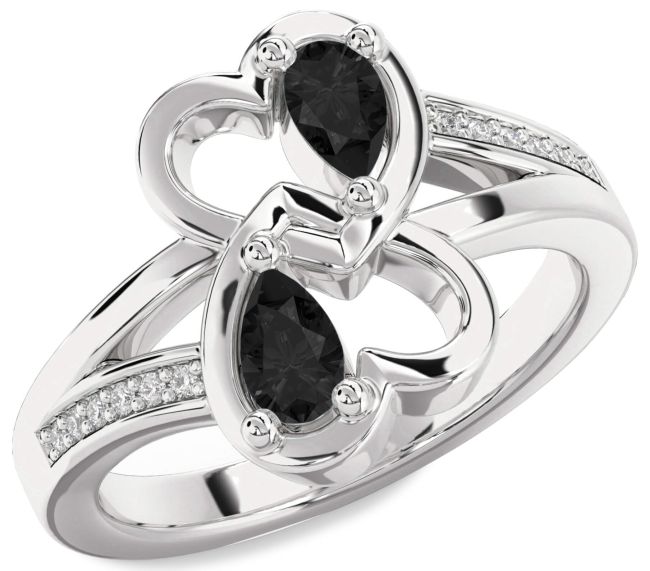 Black Diamond Platinum Heart Two Stone Ring